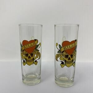 Ed Hardy shot glass “Love Kills Slowly” heart skull Set of Two